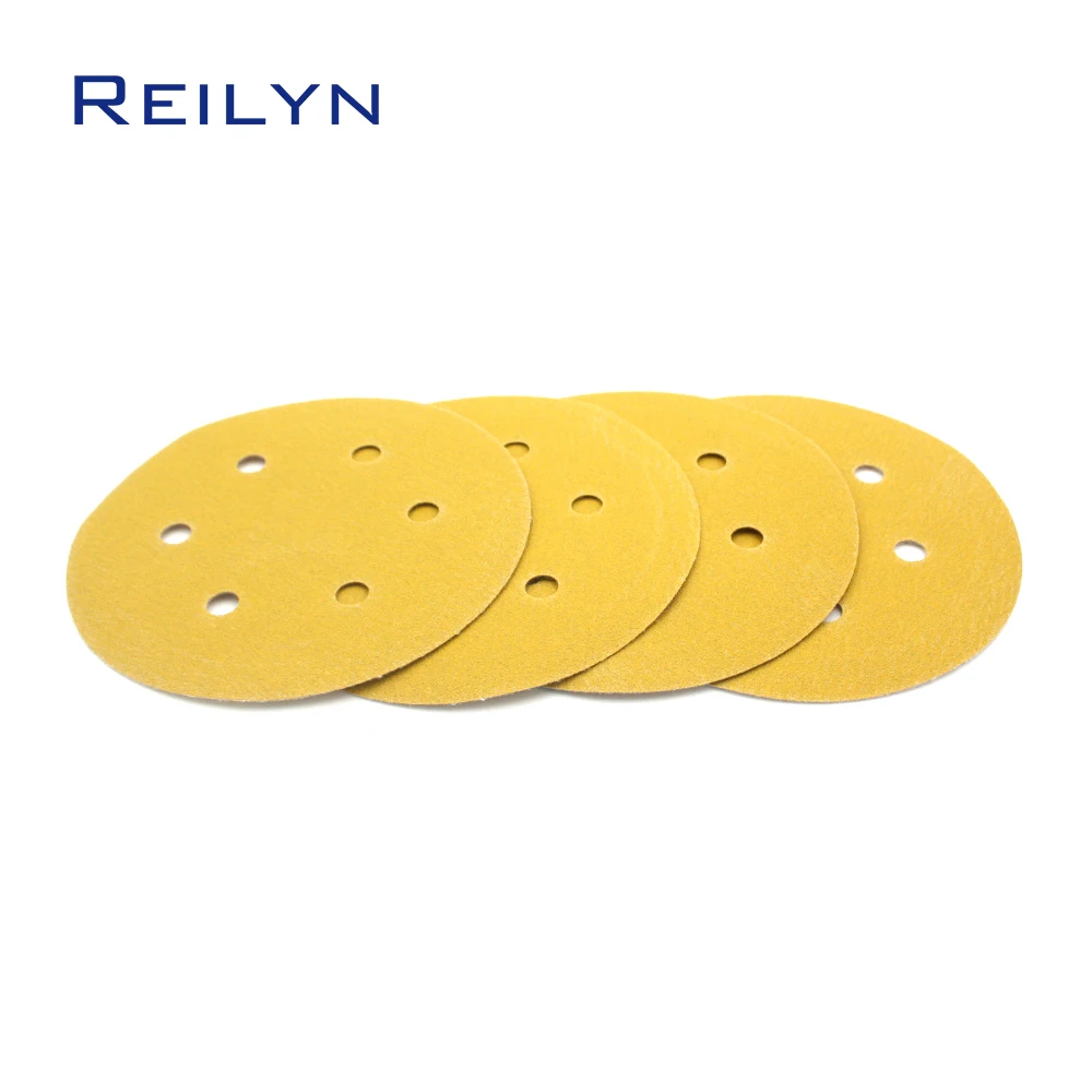 10pcs 5 inch Sandpaper Wheel 125mm 6 Hole Yellow Flocked Self Adhesive Sandpaper Polishing Pad Metal Wood Sanding Disc