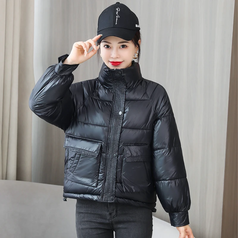 

Nice Winter Thick Down Cotton Padded Jacket for Women Stand Collar Casual Short Black Parkas Female Zipper Bubble Coat Outwear