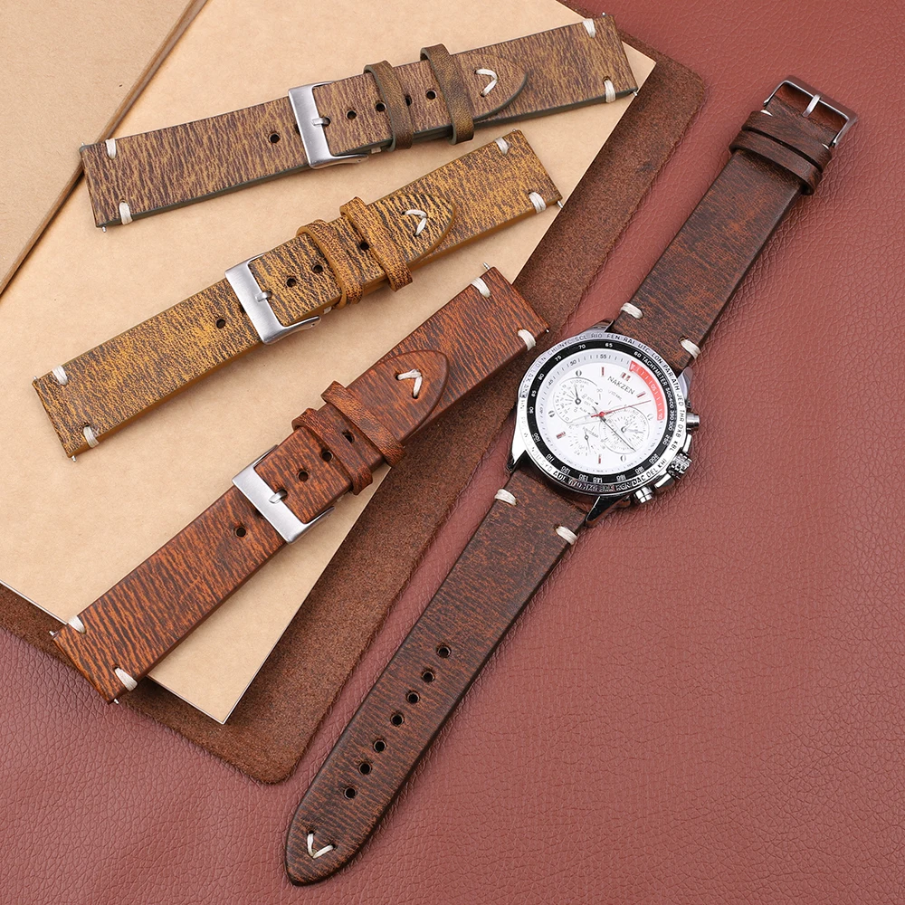 Vintage Genuine Leather Watchband 18mm 20mm 22mm 24mm Handmade Stitching Men Women Wrist Wristband Calfskin Strap Metal Buckle