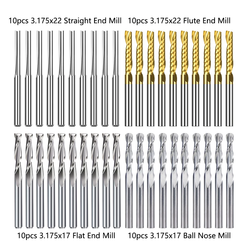 XCAN Milling Cutter 10/40pcs CNC Router Bit 3.175 Shank Ball Nose Flat Straight Flute End Mill Carbide Milling Tools