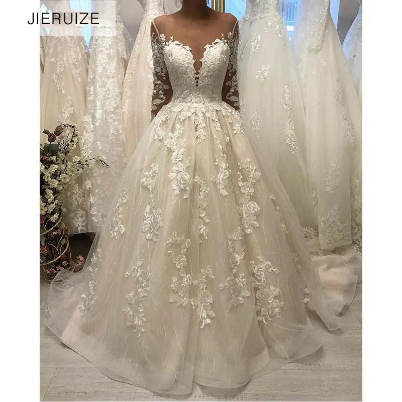 JIERUIZE Ivory Tulle Lace Appliques Shinny Luxury Wedding Dresses Backless Long Sleeves Bridal Gowns Vestido De Novia