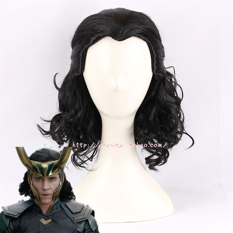 New Halloween Mens Loki Cosplay Wig Loki Black Wavy Styeld Hair Comic Role Play Wig Costumes Party Wigs + Wig Cap