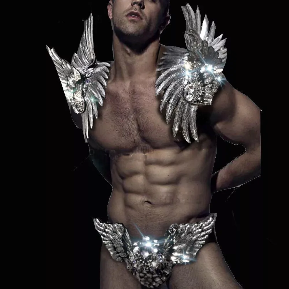 Sexy Bar Stage Wear Silver Sequins Wing Epaulet Shoulder Ornaments Crystals Shorts Outfit Men's Dancer Gogo Costume Accessories