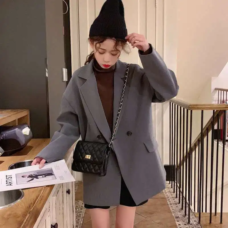 Blazer Wanita Berkancing Dua Baris Gaya Preppy Segar Longgar Santai Semua Pertandingan Musim Semi Atasan Baru Cantik Mode Ulzzang Chic Ins Outwear