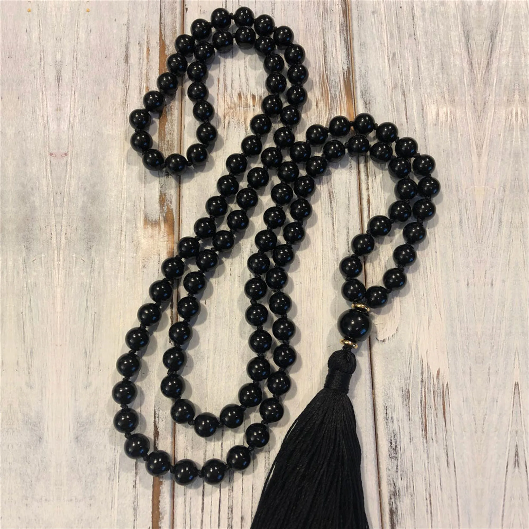 6mm black agate Gemstone knot tassel mala necklace Bless Buddhism Buddhist Wrist Mala Handmade Reiki Chakra Lucky Prayer