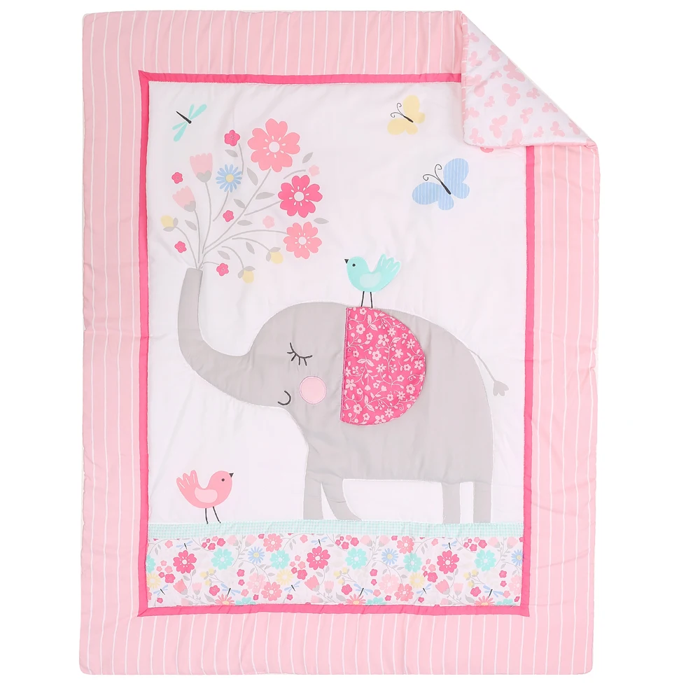 3 pcs Baby Crib Bedding Set  pink elephant  hot sale including quilt, crib sheet, crib skirt