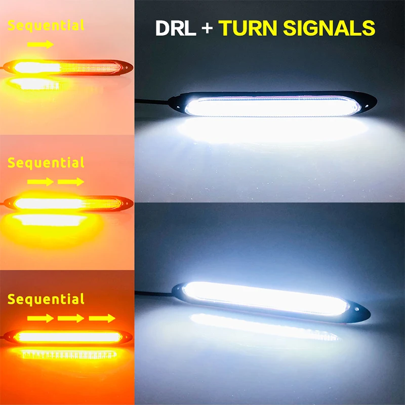 2x Car DRL LED Daytime Running Light Flow Yellow Turn Signal White DRLScan Waterproof Headlight Strip Sequential Light Universal