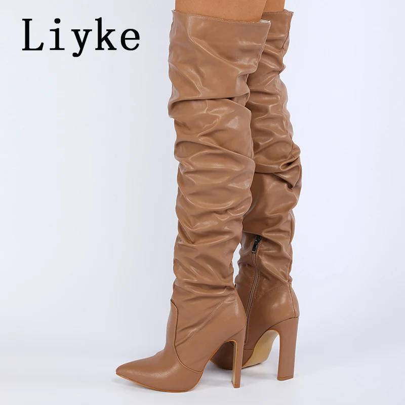 Liyke Fashion Design Pleated Leather Over The Knee Boots Sexy Pointed Toe Zip White High Heels Autumn Winter Women Shoes