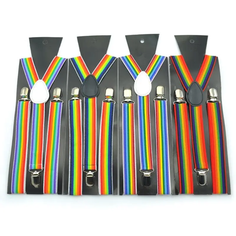 Men Wide Adjustable Straps Y-Back Suspenders Rainbow Colorful Vertical Striped Elastic Belt with Strong Metal Clips