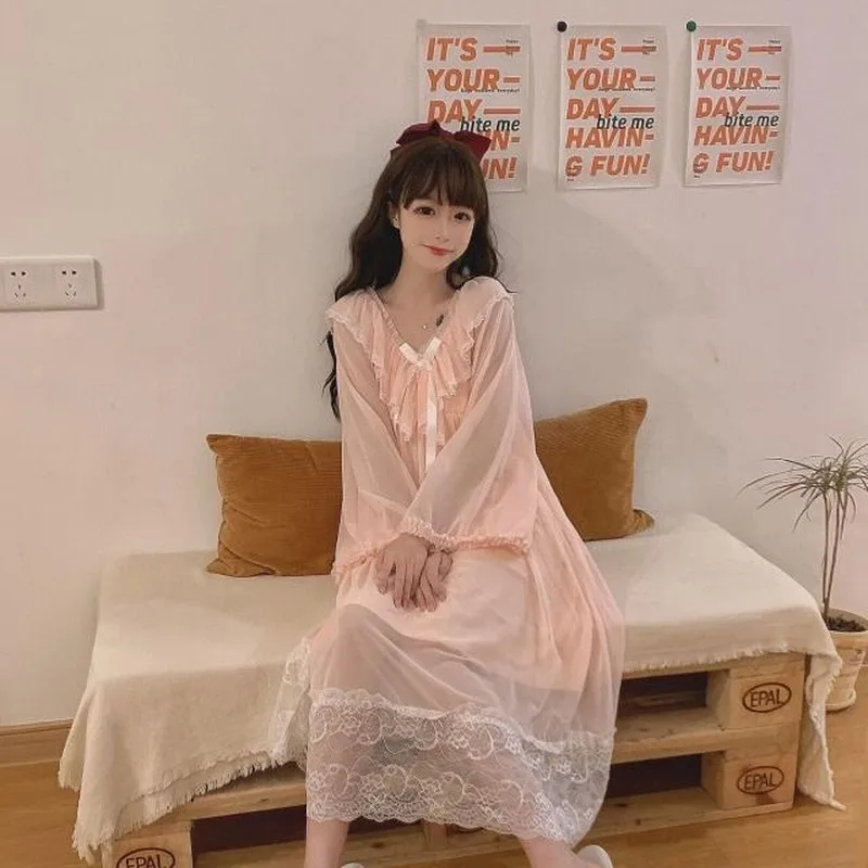Nightgowns Women Fashion Long Sleeve Sleepshirts Puff Sweet New Style Ruffle Summer Autumn Womens Cute Sleepwear Lace