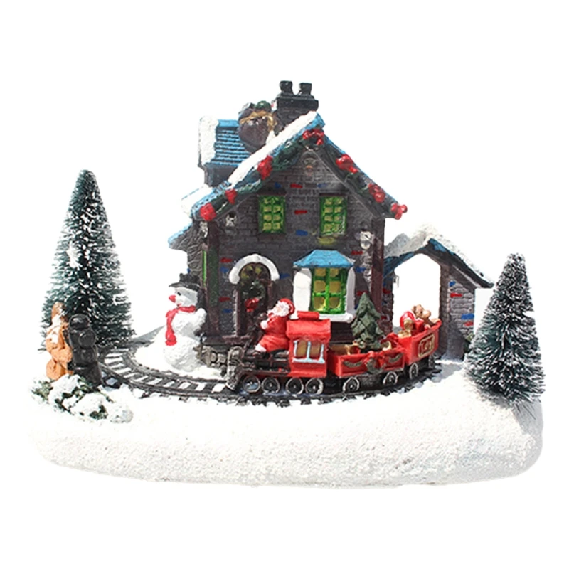 Color LED Light Christmas Snow Small Train Village House Luminous Resin Ornament