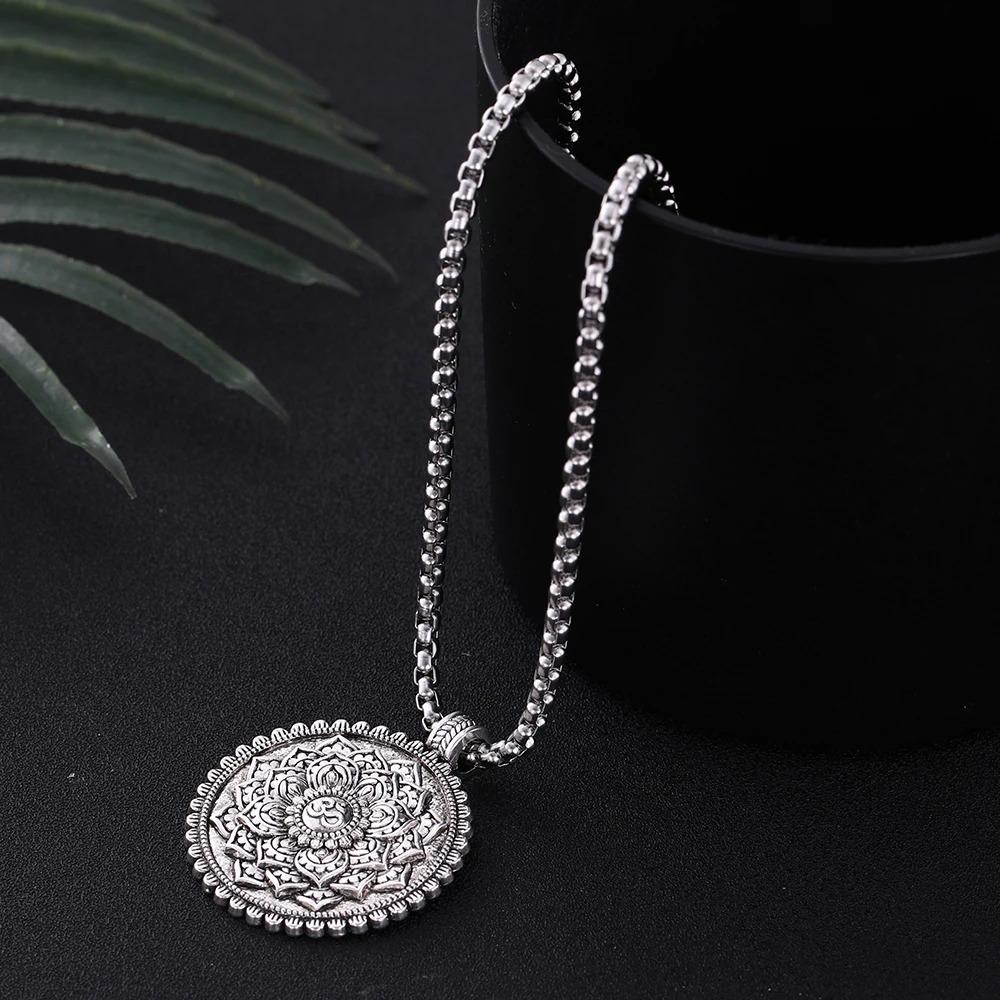 Skyrim Flower of Life Indian Om Yoga Chakra Pendant Necklace Men Vintage Mandala Amulet Stainless Steel Chain Necklaces Jewelry