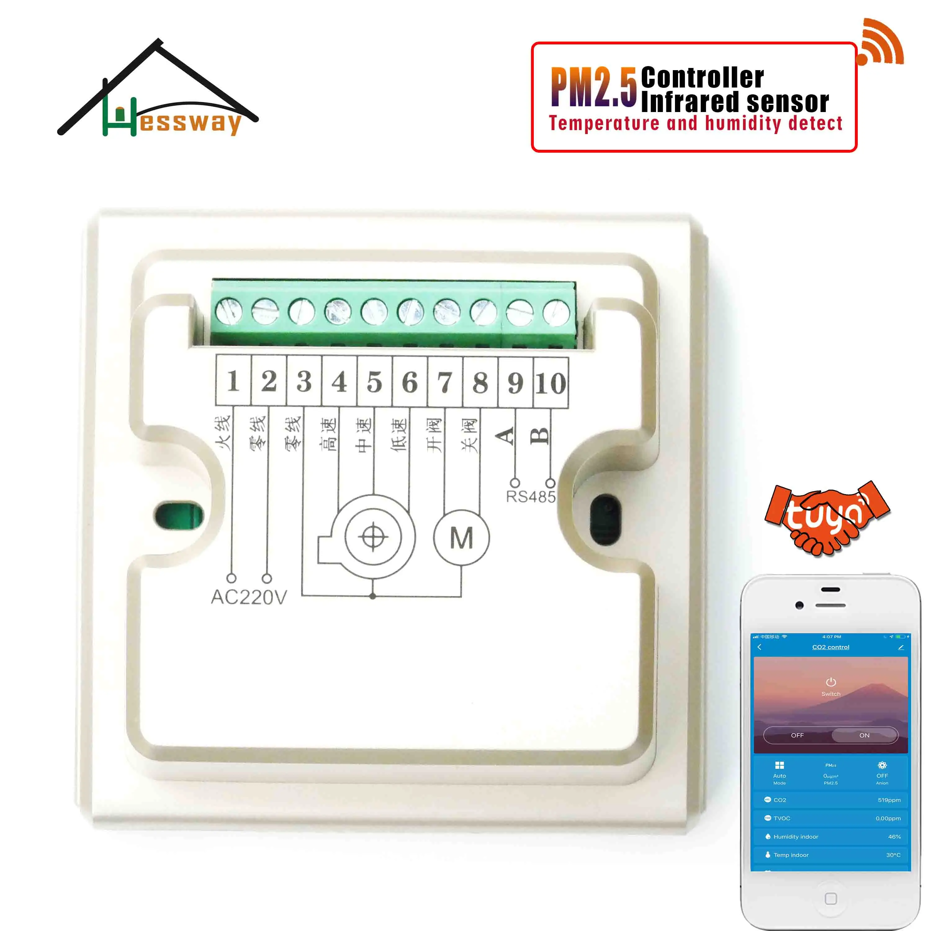 HESSWAY WIFI RS485 Temperature Humidity Monitor and Control PM10 PM2.5 for Sensor Air Ventilation System 3 Speed