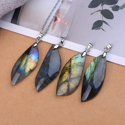 1PC100% Natural Labradorite Leaf shape Pendant Raw Crystals Healing Stone Stainless Steel Unisex Pendant Necklaces DIY Gift Bag
