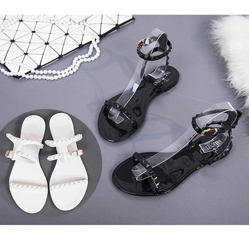 Simple Women Flip Flops Summer Shoes Black White Beach Shoes Woman Rivets Flat Sandals Hot Jelly Shoes Ladies Sandals   WSH3544