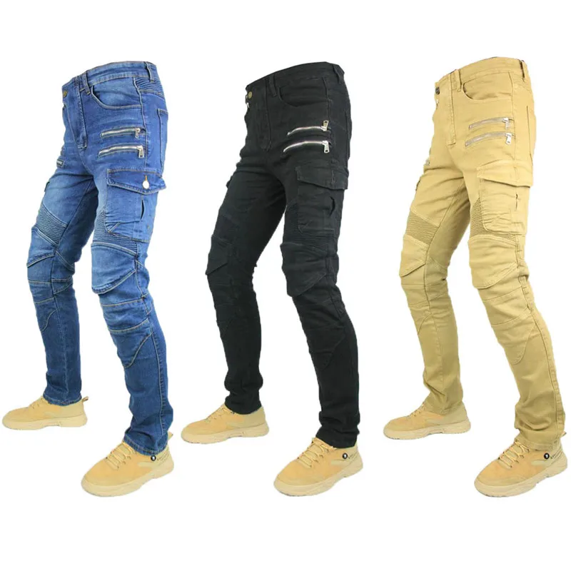 Jeans d\'équitation de moto de style métal à double fermeture éclair pour hommes, pantalons de loisirs en plein air, pantalons minces avec engrenages