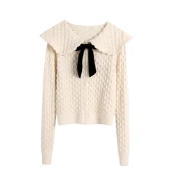 Fashion Doll collar Women Cardigan With bow tie Women 2020 Autumn Winter Long sleeve Female Slim tops Short Sweater INKEO 9O045