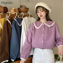 Shirt Women Japanese Style Kawaii Peter Pan Collar Lace Lantern Sleeve Female Sweet Tops All-match Vintage Girls Popular Retro