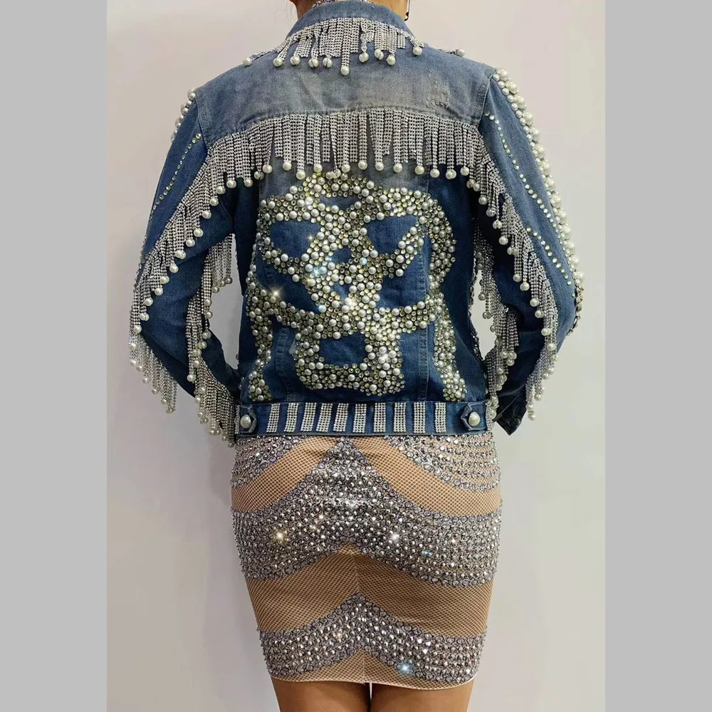 Luxury Rhinestone Pearl Beading Short Denim Jackets Women Long Sleeves Club Party Jean Jacket Stage Tassel Crystal Denim Coats