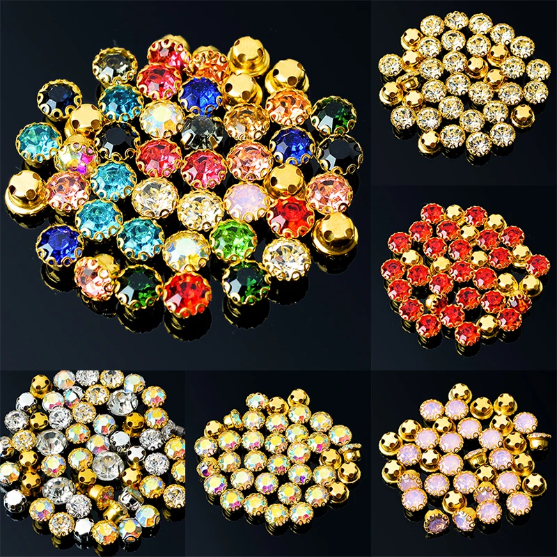 36p 6mm colour crystal glass sew on rhinestones Montees scratch-proof Gold base button sewing accessories for garment apparel