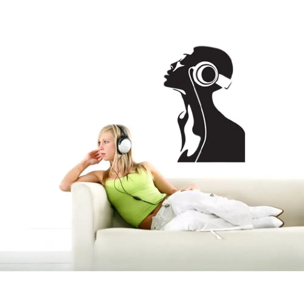 

Vinyl music wall stickers woman wearing headphones to enjoy music decals home living room bedroom room wall decoration yy02