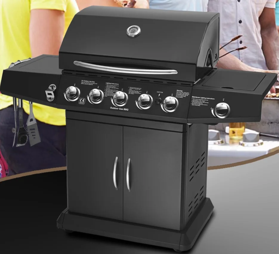 High Quality Gas and Charcoal BBQ Grill,Outdoor Black Stove,Five +Side Burner