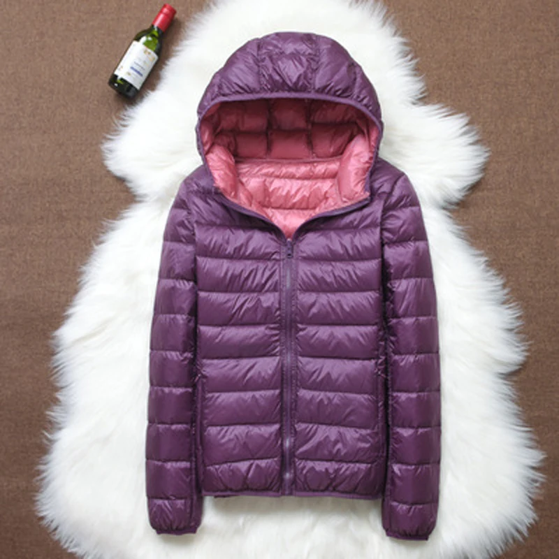 Plumífero Reversible ultraligero con capucha para mujer, chaqueta de plumas de doble cara, Parka de otoño e invierno