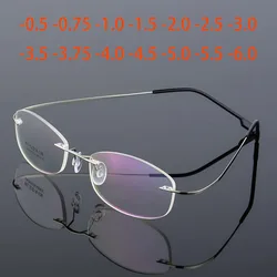 Anti Blue Light Titanium Alloy Framless Oval Myopia Glasses Women Rimless Prescription Lady Eyeglasses 0 -0.5 -0.75 To -6.0