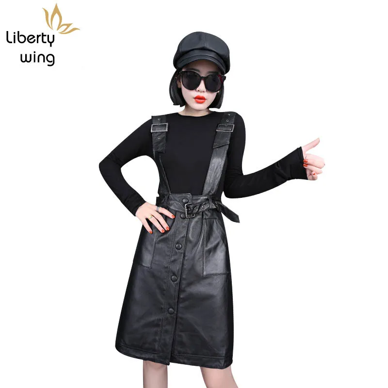 2020 New Women Sheepskin Genuine Leather Black Office Lady Work Belted Strap Vestidos Big Size Elegant High Waist Skirt