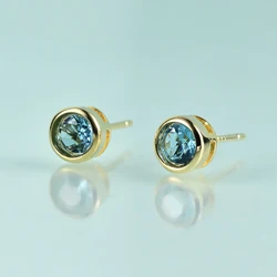 GEM'S BEAUTY 14K Gold Filled  Sterling Silver Gemstone Gold Earrings Round Bezel Swiss Blue Topaz Stud Earrings For Women