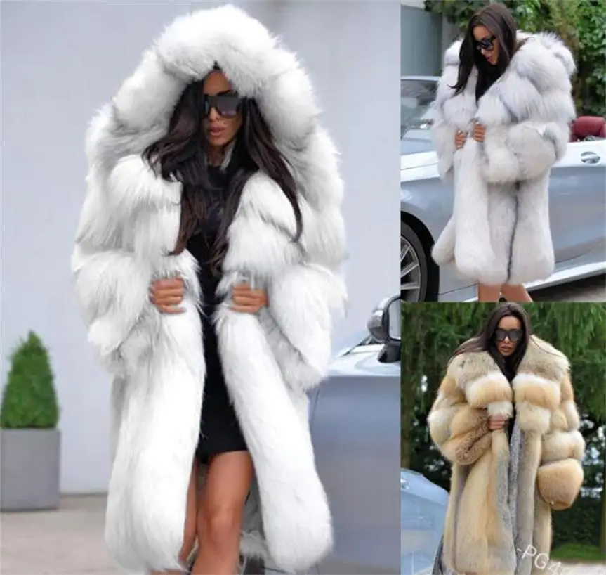 Winter Long Faux Fur Coat High Collar Mid Length Women Hood Jacket Size S to 5XL Free Shipping