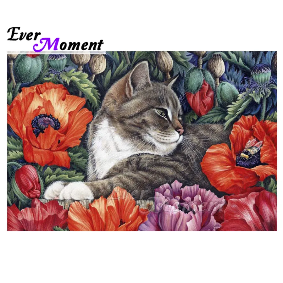 Ever Moment Diamond Painting Cat Flowers Full Square Decoration For Home Picture Of Rhinestone Mosaic Diamond Embroidery ASF1912