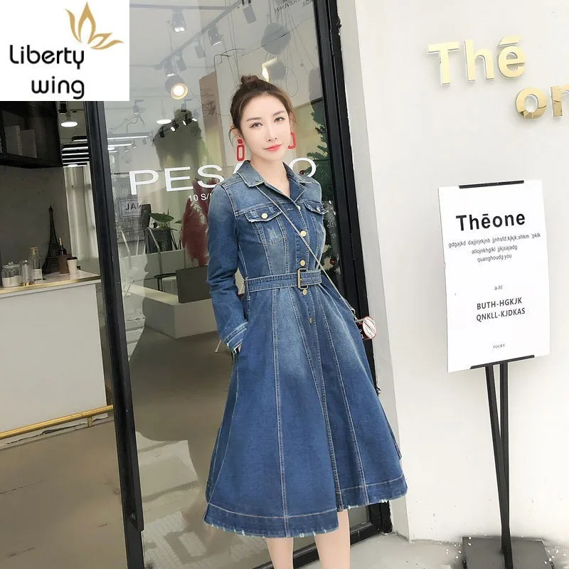 

Vintage Ripped Long Sleeve Slim Single Breasted Denim Street Casual Sashes High Waist Vestido 2020 New Office Jeans Dress