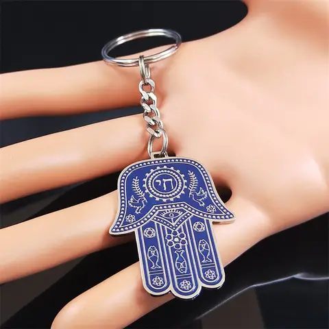 Stainless Steel Hamsa Hand Fish Eyes Keychain Blue Silver Color Hand of Fatima Hebrew Judaism Hexagram Keyring Jewelry K3706S02