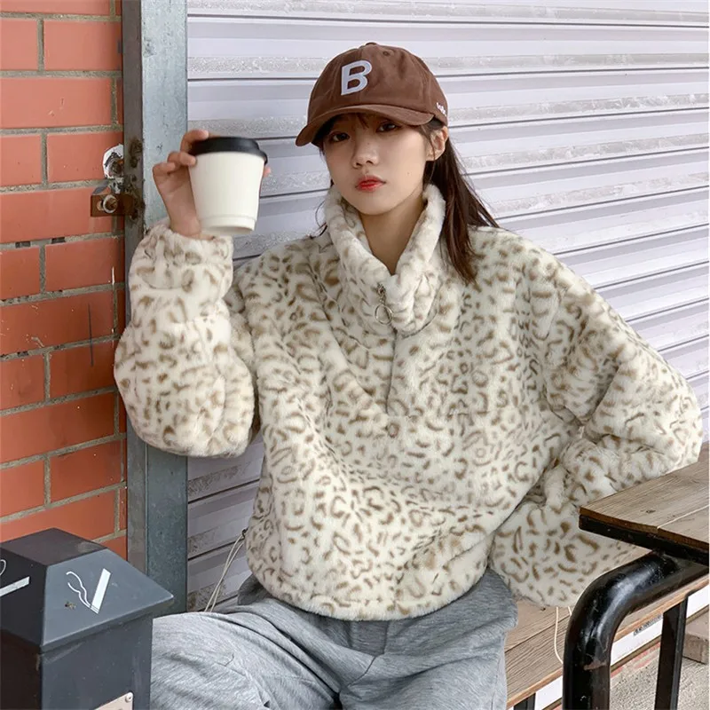 Faux Lamb Cashmere Coat Leopard Sexy Pink Cute Plush Loose Korean Zipper Short Sweater Women\'s Kawaii Lolita Stylish Fur Jacket