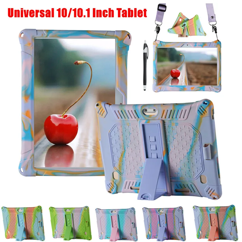 Universal 10/10.1 Inch Tablet Stand Case Soft Silicone Shockproof Exquisite Appearance Design Stand Protect Shell +Pen+Straps