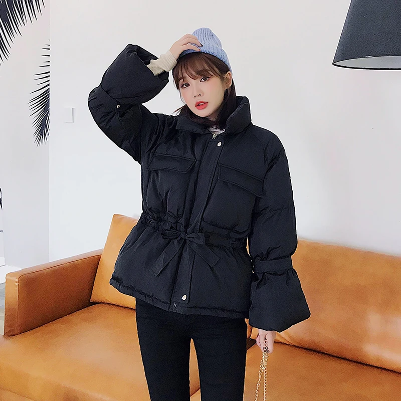 

Short Style Parkas Female Winter Solid Thick Women's Jacket Plus Size Stand Collar With Sashes Cotton Padded Causal Outwear