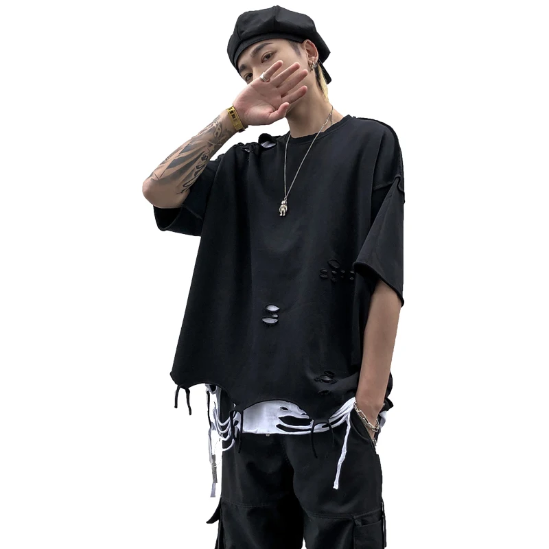 Men's Summer Hole High Street Hip-Hop Loose Large Size Short Sleeve Men's And Women's Same Fashion Trend T-Shirt