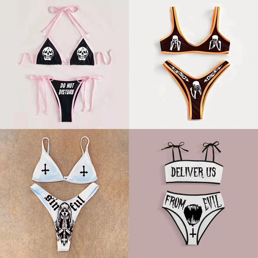 Punk Gothic Letters Print Bikinis Set Sexy Bikini 2023 Women Skull Pattern V-neck Swimwear Fashion Swimsuit Bathing Suit