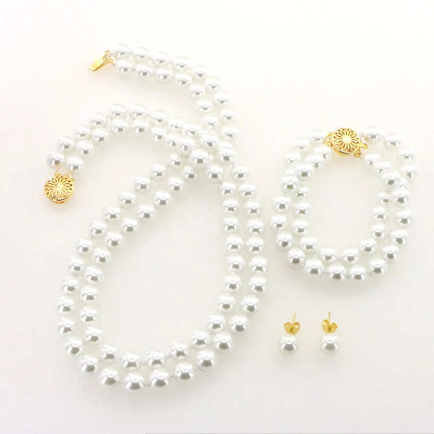 Fashion 2 Rows 8mm White Akoya Shell Pearl Round Beads Necklace Bracelet Earring Set Woman Girl Christmas Gifts Wholesale Prices