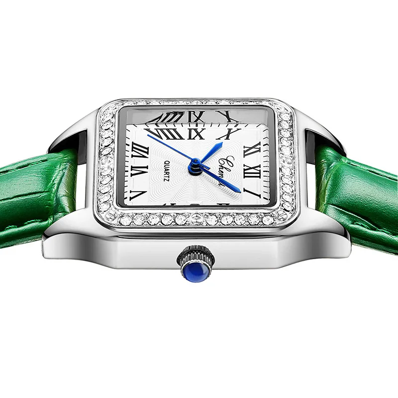 Reloj mujer chenxi senhoras relógios moda cristal quadrado relógio feminino verde couro genuíno faixa de quartzo data automática relógios de pulso