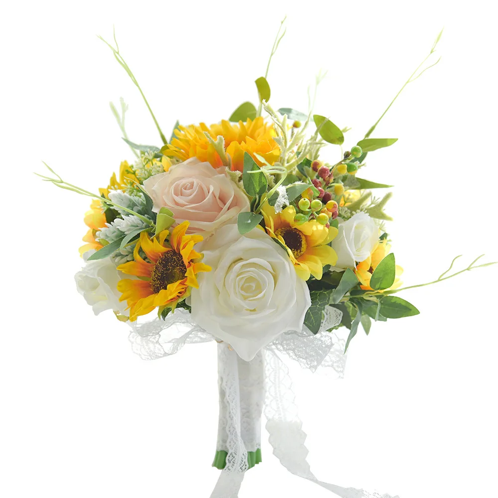 2020 New Arrival Bridal Bouquets Sunflowers with Pink and Ivory Hand Made Flowers 26*28cm Bouquets Free Shipping