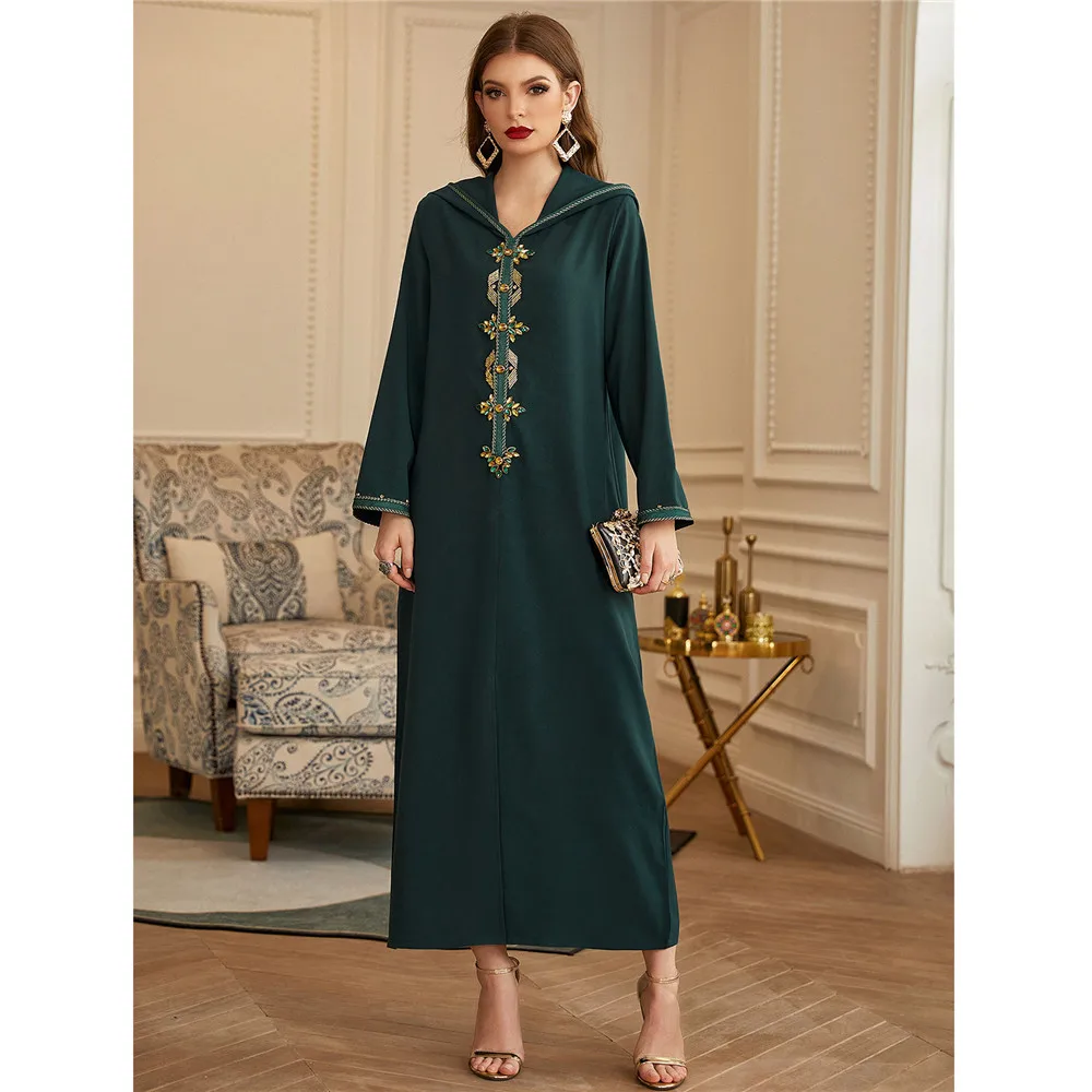 Muslim Casual Hooded Long Dress Women Arabic Kaftan Abaya Party Rhinestone Luxury Ribbons Moroccan Caftan Dubai Middle East Robe