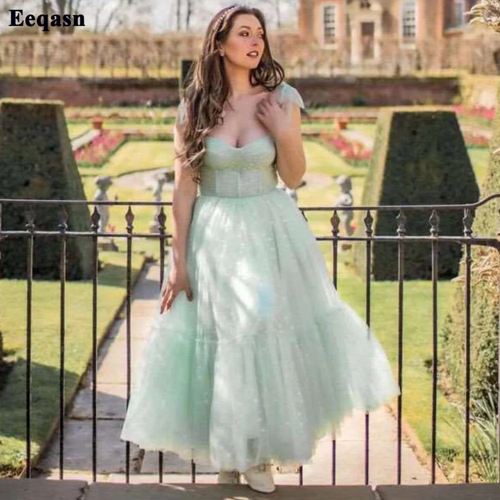 Eeqasn-Vestido corto de tul verde menta con corazón, falda escalonada hasta el tobillo, para graduación