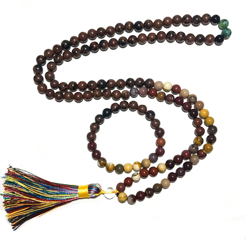 

8mm Natural Mahogang Obsidian and Mookaite Necklace Japa Mala Set Meditation Yoga Spirit Jewelry 108 Bead Necklace