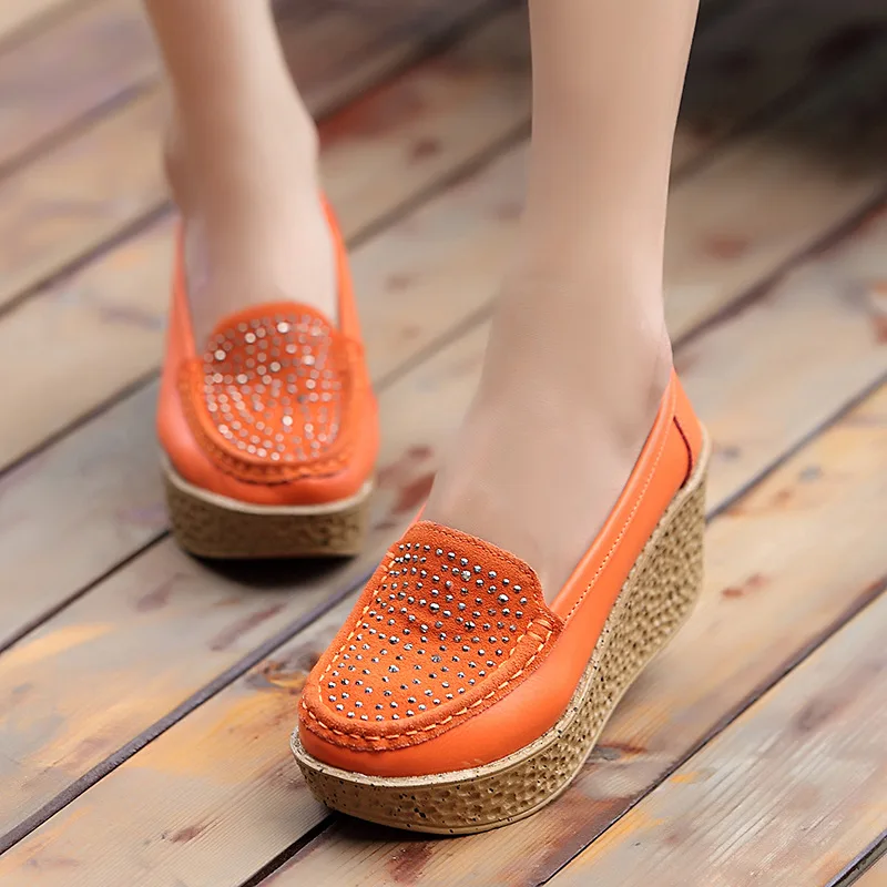 Genuine Leather Wedge Platform Shoes Ladies Slip On Crystal Flat Shoes High Heel 7cm Thick Sole Shallow Flats Casual Shoes