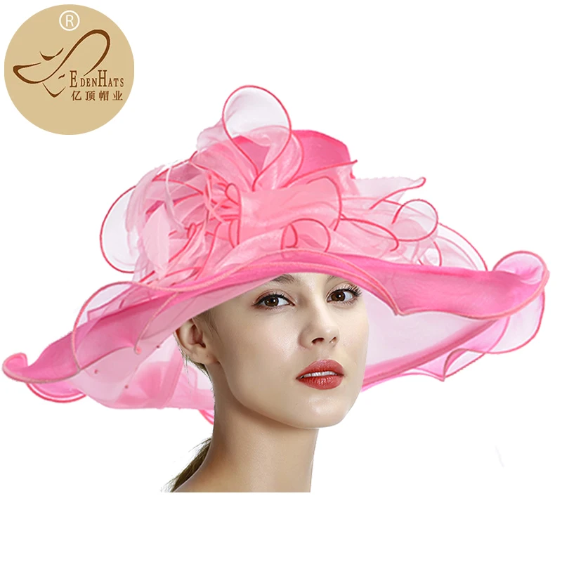 Ladies Romantic Wide Ruffle Brim 2-Tone Organza Hat with Handmade Trim Perfect for Church, Wedding or Kentucky Derby S10-2432