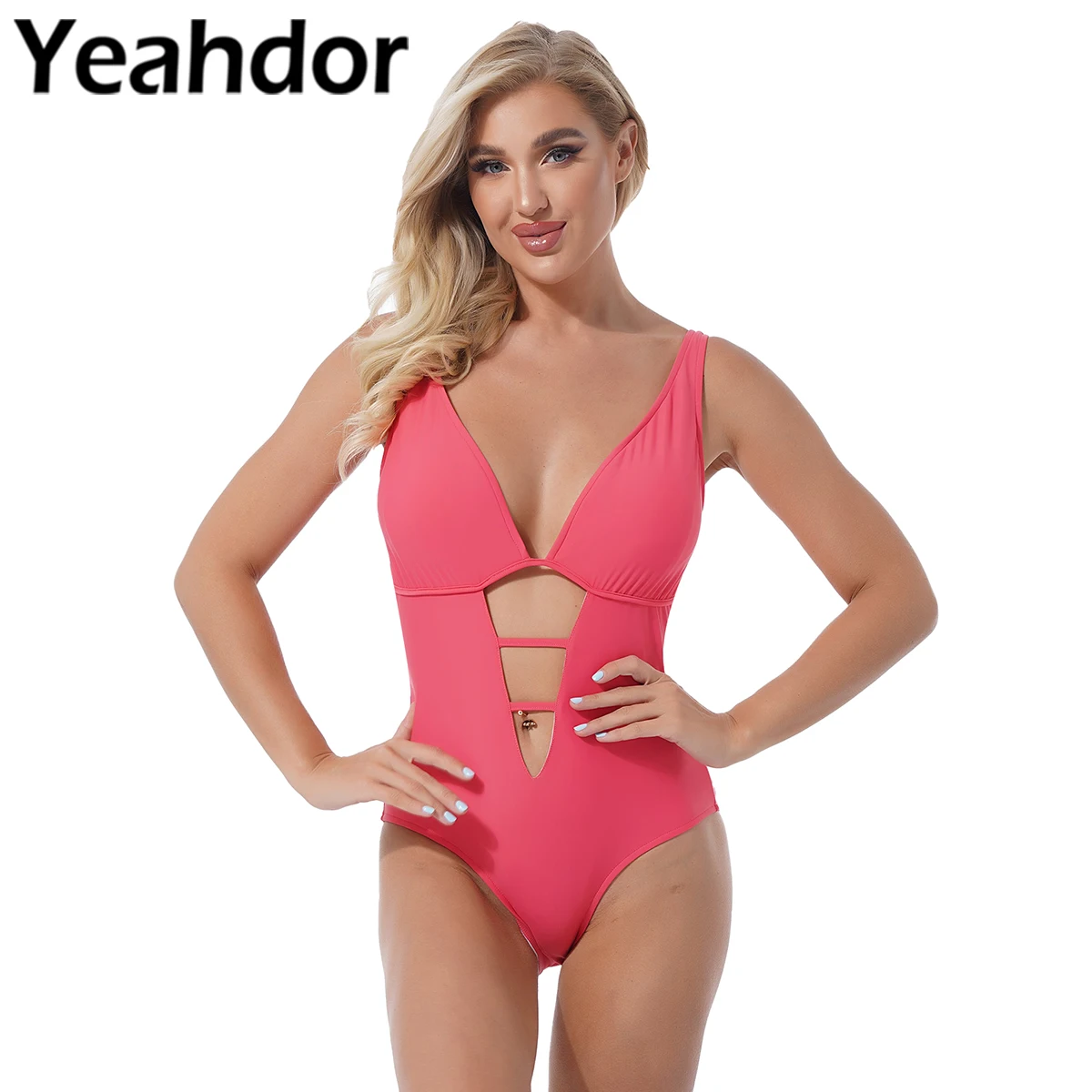 

Women One-piece Swimwear Swimming Beachwear Deep V Neck Removable Pads Cut-out Front Open Back Bodysuit Beach Bikini Swimsuit