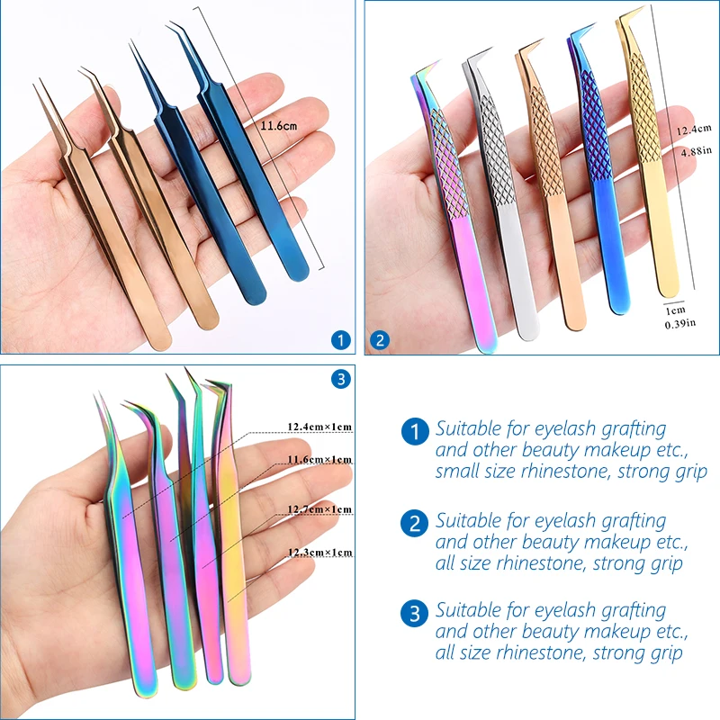 TOP quality Stainless Steel Tweezers rainbow color Straight Bend ESD Multifunction eyelash tweezers for nail sewing DIY