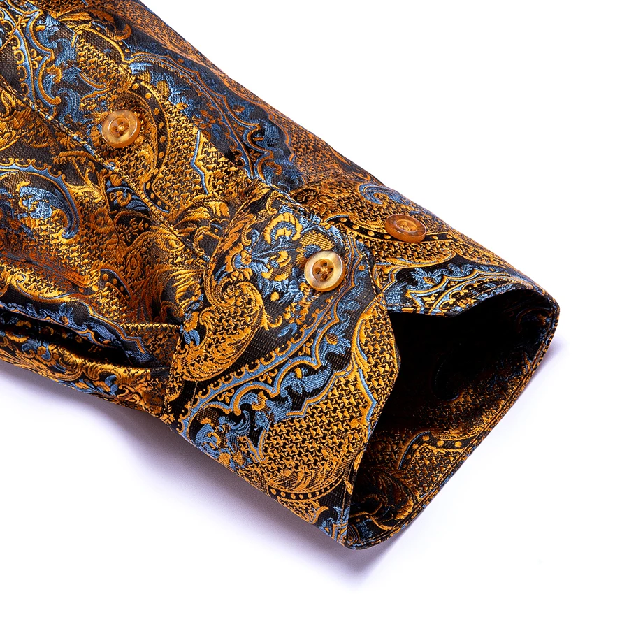 Hi-Tie 100% seta lusso nero oro ricamo camicia elegante Paisley uomo manica lunga uomo Casual camicie abbottonate regalo Outwear